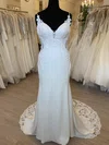 Sheath/Column V-neck Satin Sweep Train Wedding Dress With Beading #Milly00028462