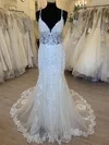 Trumpet/Mermaid V-neck Tulle Court Train Wedding Dress With Appliques Lace #Milly00028463