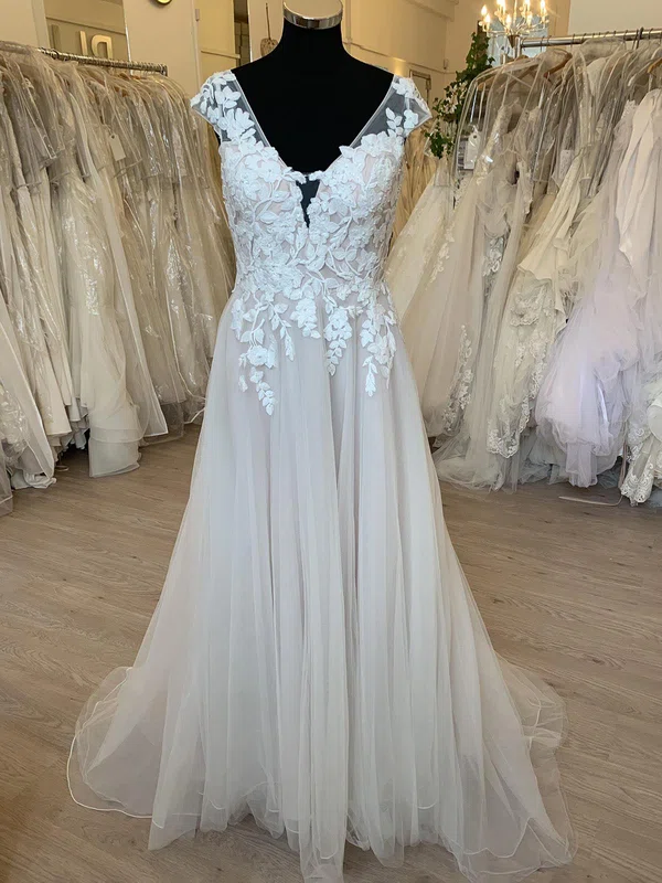 A-line V-neck Tulle Sweep Train Wedding Dress With Appliques Lace #Milly00028464