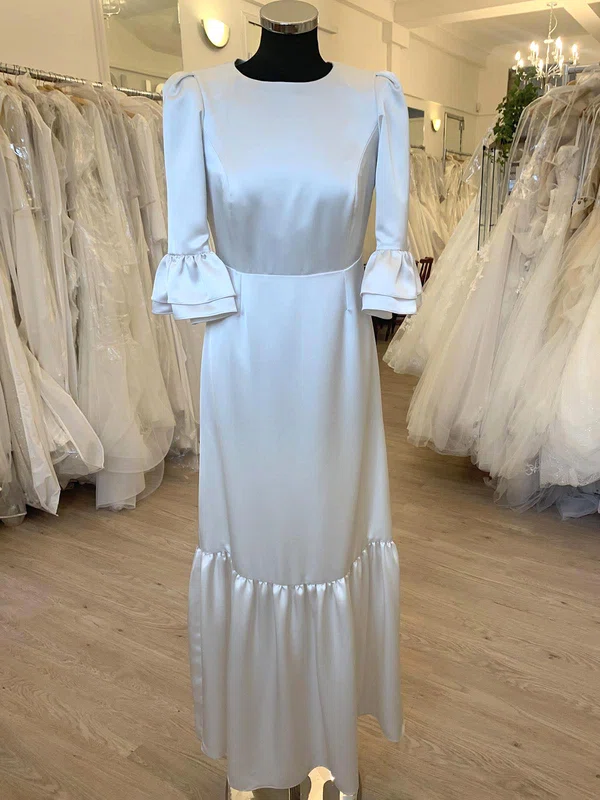 A-line Scoop Neck Satin Tea-length Wedding Dress With Ruffles #Milly00028466