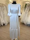 A-line Scoop Neck Satin Tea-length Wedding Dress With Ruffles #Milly00028466