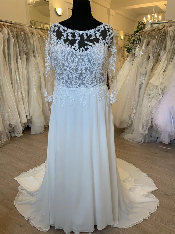 A-line Illusion Chiffon Sweep Train Wedding Dress With Appliques Lace #Milly00028470