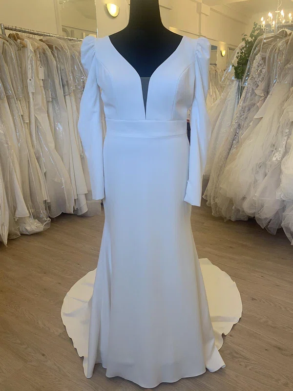 Sheath/Column V-neck Stretch Crepe Sweep Train Wedding Dress #Milly00028471