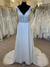 Sheath/Column V-neck Chiffon Sweep Train Wedding Dress With Appliques Lace #Milly00028472