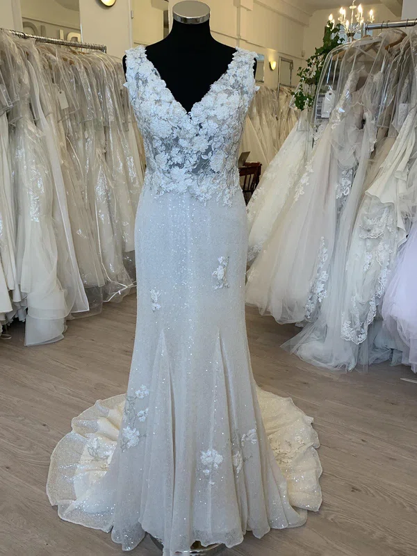 Sheath/Column V-neck Sequin Sweep Train Wedding Dress With Appliques Lace #Milly00028473