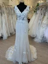 Sheath/Column V-neck Sequin Sweep Train Wedding Dress With Appliques Lace #Milly00028473