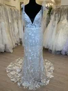 Sheath/Column V-neck Tulle Sweep Train Wedding Dress With Flower(s) #Milly00028474