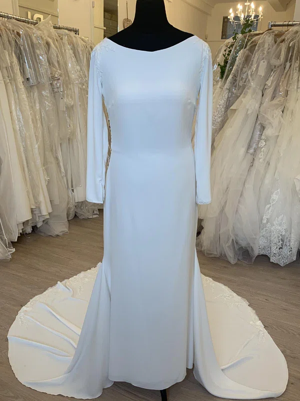 Sheath/Column Scoop Neck Stretch Crepe Court Train Wedding Dress With Appliques Lace #Milly00028477