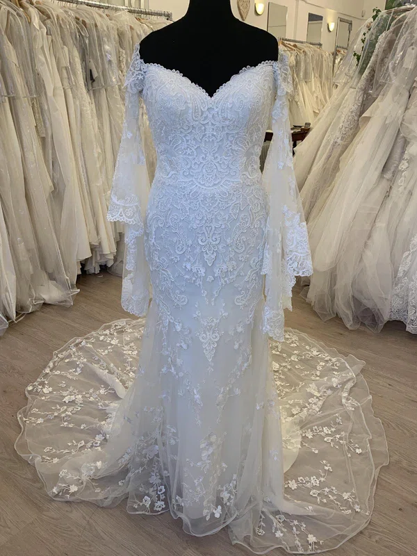 Trumpet/Mermaid Off-the-shoulder Tulle Court Train Wedding Dress With Appliques Lace #Milly00028479