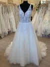 Ball Gown/Princess V-neck Glitter Sweep Train Wedding Dress With Appliques Lace #Milly00028481