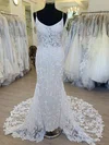 Sheath/Column Scoop Neck Tulle Lace Court Train Wedding Dress With Appliques Lace #Milly00028482