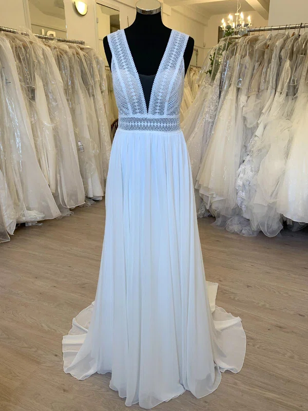 A-line V-neck Chiffon Sweep Train Wedding Dress With Ruched #Milly00028483