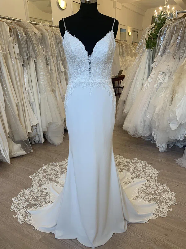 Sheath/Column V-neck Satin Court Train Wedding Dress With Beading #Milly00028484