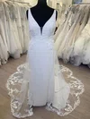 Sheath/Column V-neck Tulle Stretch Crepe Court Train Wedding Dress With Appliques Lace #Milly00028486