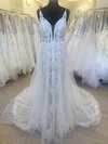 A-line V-neck Tulle Court Train Wedding Dress With Beading #Milly00028488