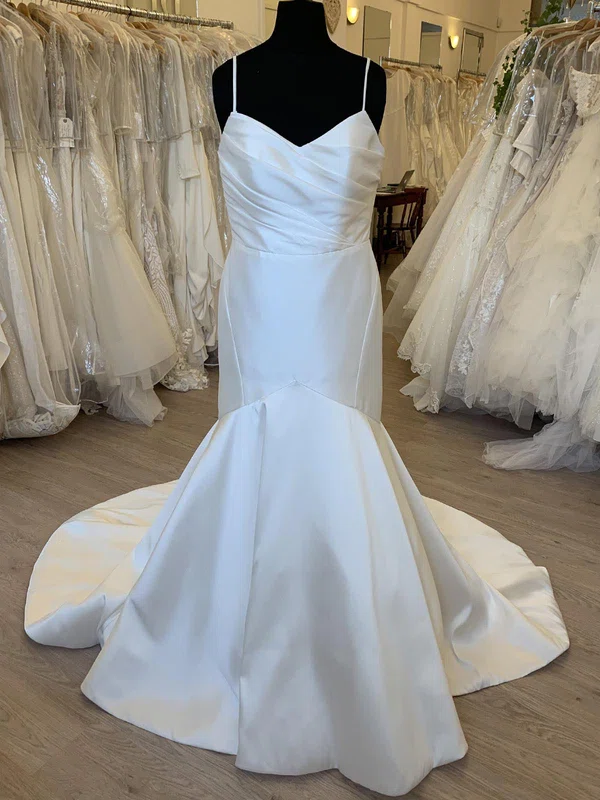 Trumpet/Mermaid V-neck Satin Court Train Wedding Dress With Ruched #Milly00028489