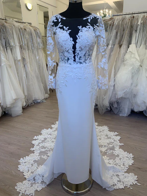 Sheath/Column Illusion Stretch Crepe Court Train Wedding Dress With Appliques Lace #Milly00028490