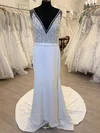 Sheath/Column V-neck Satin Court Train Wedding Dress With Beading #Milly00028493