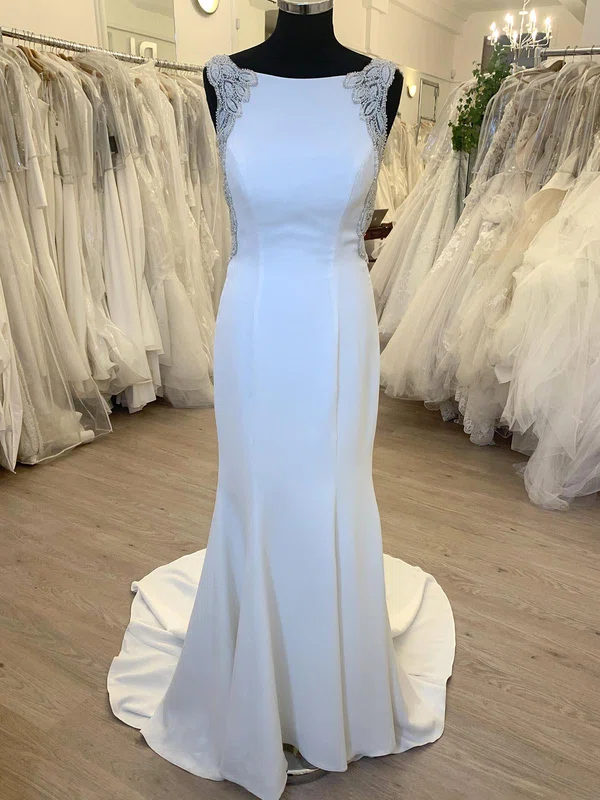 Trumpet/Mermaid Scoop Neck Stretch Crepe Sweep Train Wedding Dress With Pearl Detailing #Milly00028494