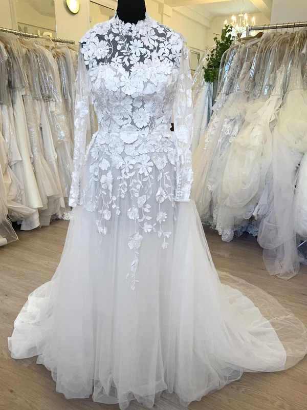 A-line High Neck Tulle Sweep Train Wedding Dress With Appliques Lace #Milly00028500
