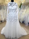 A-line High Neck Tulle Sweep Train Wedding Dress With Appliques Lace #Milly00028500