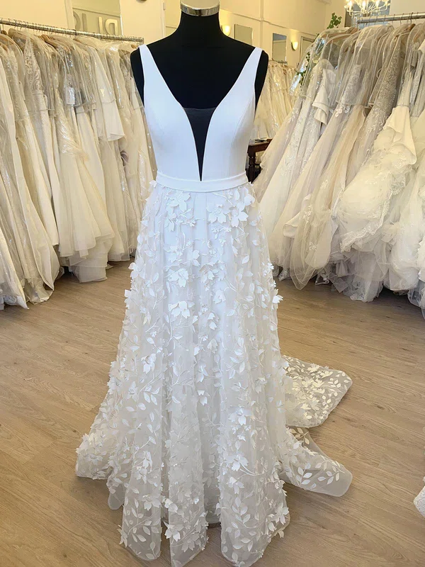 A-line V-neck Tulle Sweep Train Wedding Dress With Appliques Lace #Milly00028502