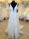 A-line V-neck Tulle Sweep Train Wedding Dress With Appliques Lace #Milly00028502