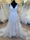 A-line V-neck Tulle Sweep Train Wedding Dress With Appliques Lace #Milly00028504