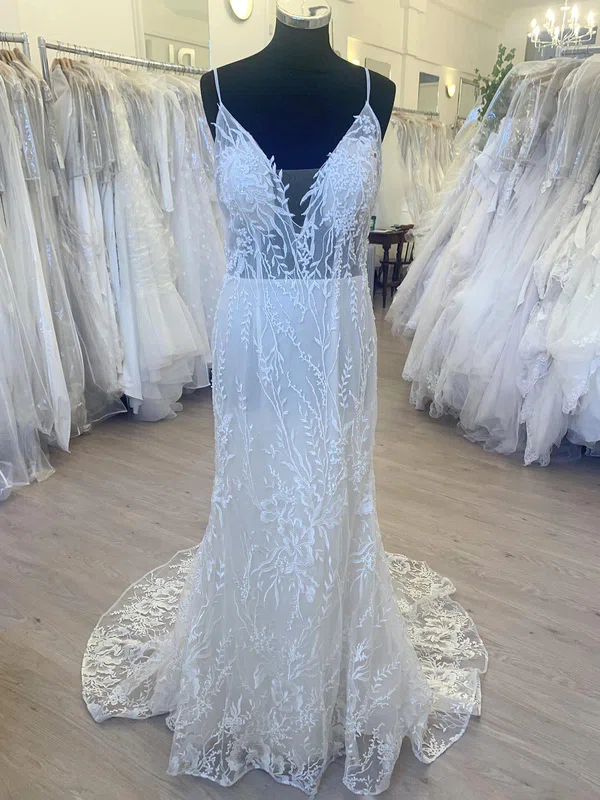 Trumpet/Mermaid V-neck Glitter Lace Sweep Train Wedding Dress With Appliques Lace #Milly00028506