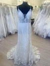 Trumpet/Mermaid V-neck Glitter Lace Sweep Train Wedding Dress With Appliques Lace #Milly00028506