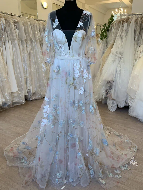 A-line V-neck Tulle Sweep Train Wedding Dress With Appliques Lace #Milly00028508