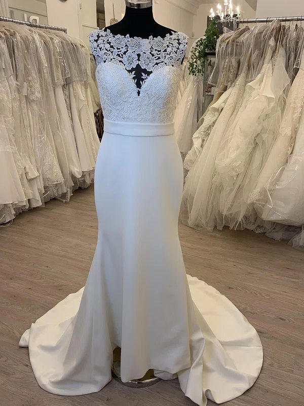 Sheath/Column Illusion Stretch Crepe Sweep Train Wedding Dress With Appliques Lace #Milly00028512