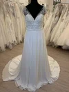 A-line V-neck Chiffon Sweep Train Wedding Dress With Beading #Milly00028513