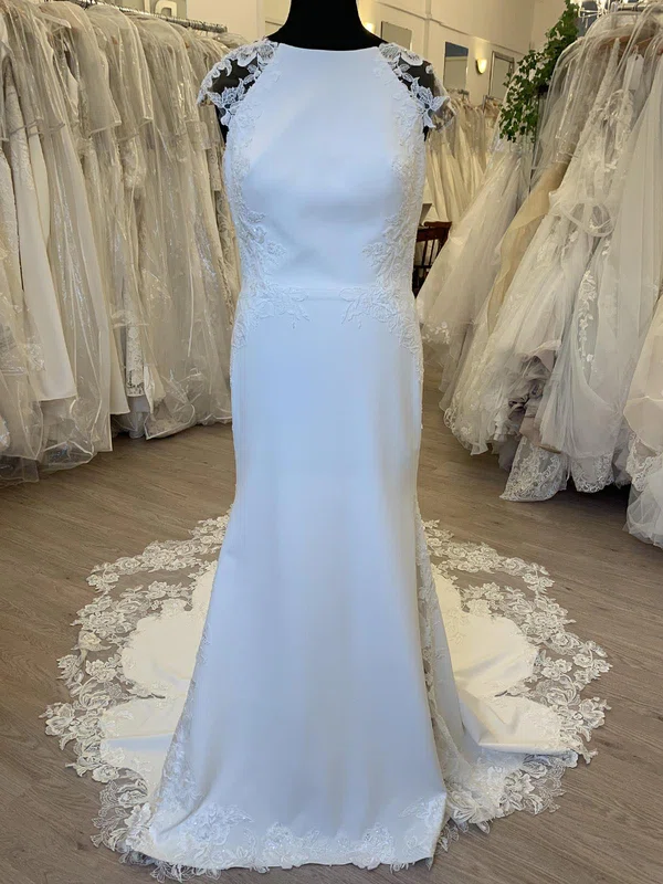 Sheath/Column Scoop Neck Stretch Crepe Court Train Wedding Dress With Appliques Lace #Milly00028515