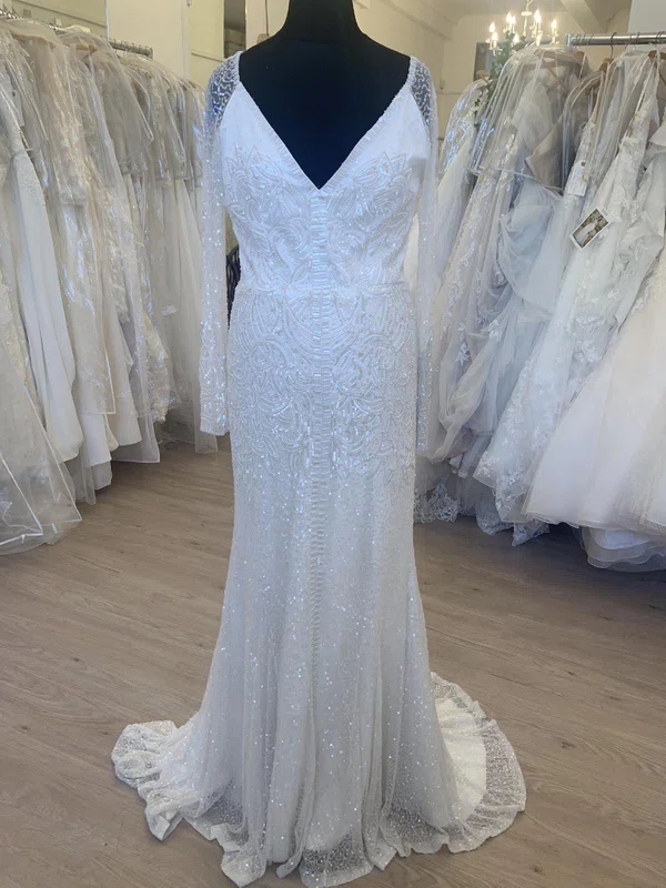 Sheath/Column V-neck Glitter Sweep Train Wedding Dress #Milly00028516