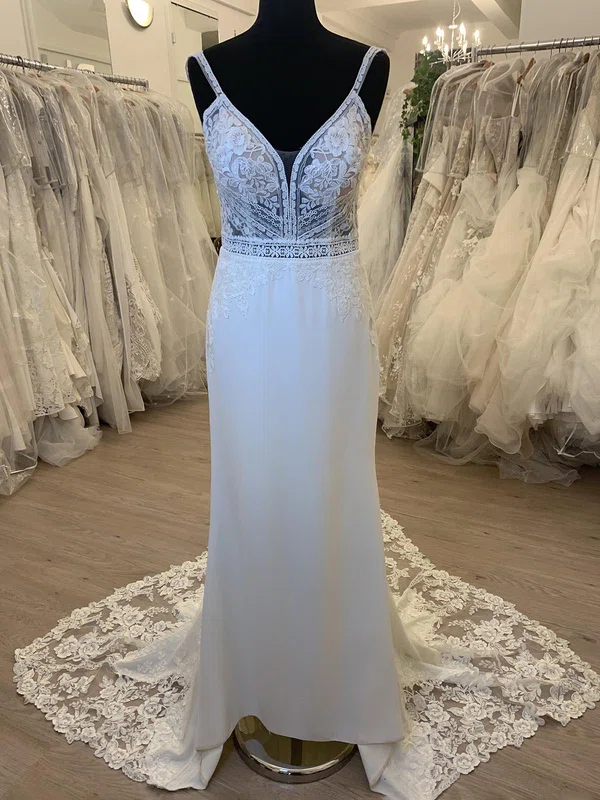 Sheath/Column V-neck Stretch Crepe Court Train Wedding Dress With Appliques Lace #Milly00028518