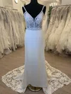 Sheath/Column V-neck Stretch Crepe Court Train Wedding Dress With Appliques Lace #Milly00028518