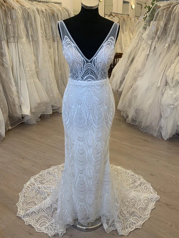 Sheath/Column V-neck Lace Court Train Wedding Dress #Milly00028519