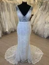Sheath/Column V-neck Lace Court Train Wedding Dress #Milly00028519