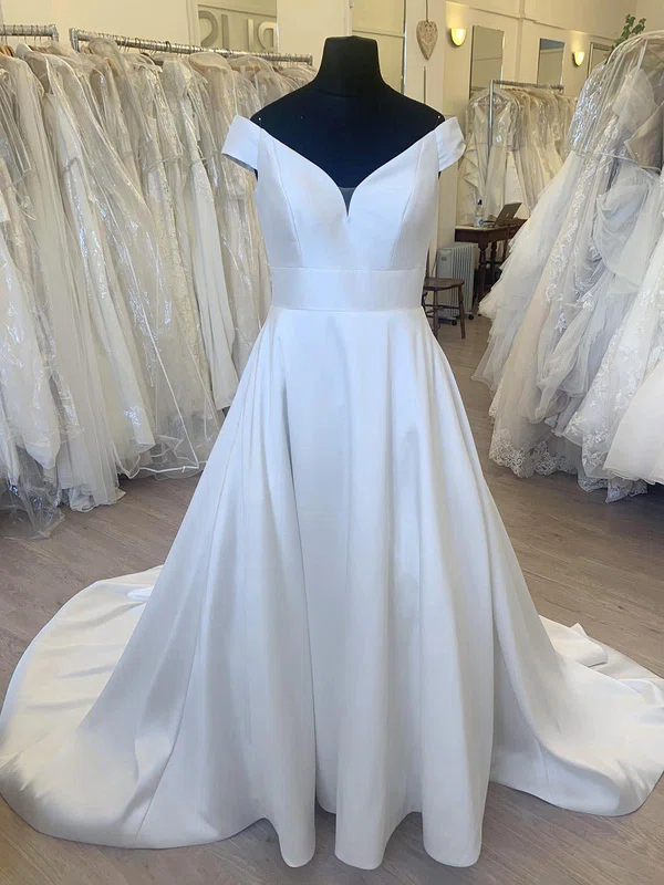 Ball Gown/Princess Off-the-shoulder Satin Court Train Wedding Dress With Ruched #Milly00028522
