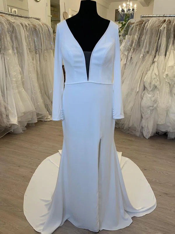 Sheath/Column V-neck Satin Chiffon Sweep Train Wedding Dress With Split Front #Milly00028523