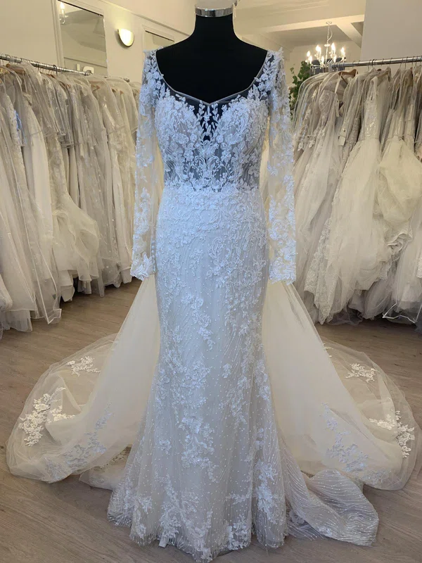 Trumpet/Mermaid Illusion Tulle Watteau Train Wedding Dress With Appliques Lace #Milly00028526