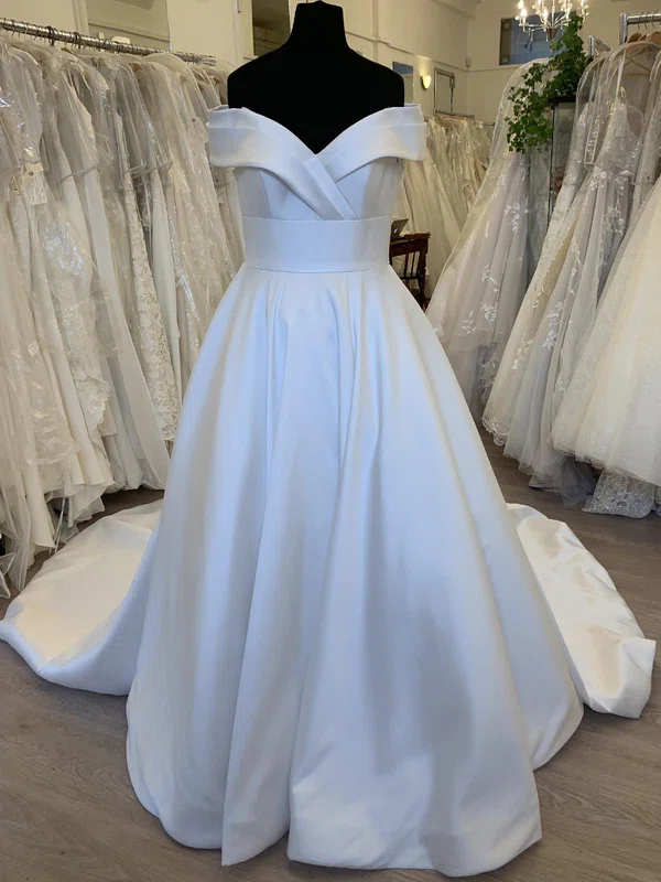 Ball Gown/Princess Off-the-shoulder Satin Sweep Train Wedding Dress With Ruched #Milly00028529