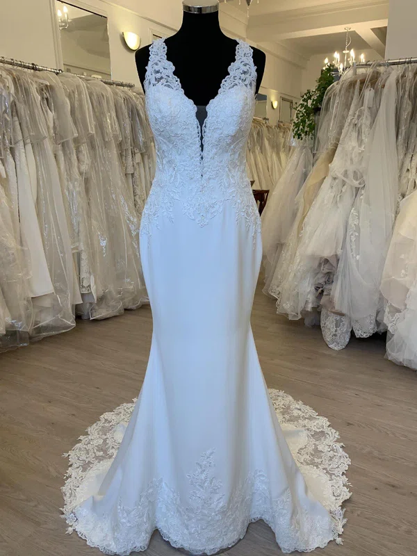 Trumpet/Mermaid V-neck Stretch Crepe Sweep Train Wedding Dress With Appliques Lace #Milly00028530