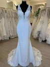 Trumpet/Mermaid V-neck Stretch Crepe Sweep Train Wedding Dress With Appliques Lace #Milly00028530