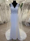Sheath/Column V-neck Lace Stretch Crepe Sweep Train Wedding Dress #Milly00028532