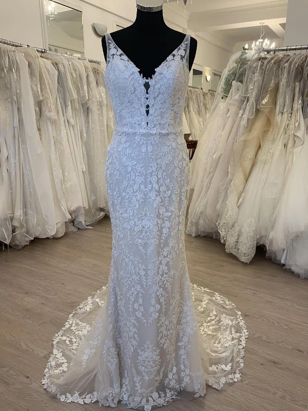 Sheath/Column V-neck Glitter Sweep Train Wedding Dress With Appliques Lace #Milly00028534