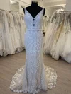 Sheath/Column V-neck Glitter Sweep Train Wedding Dress With Appliques Lace #Milly00028534