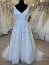 Ball Gown/Princess V-neck Glitter Sweep Train Wedding Dress With Appliques Lace #Milly00028535