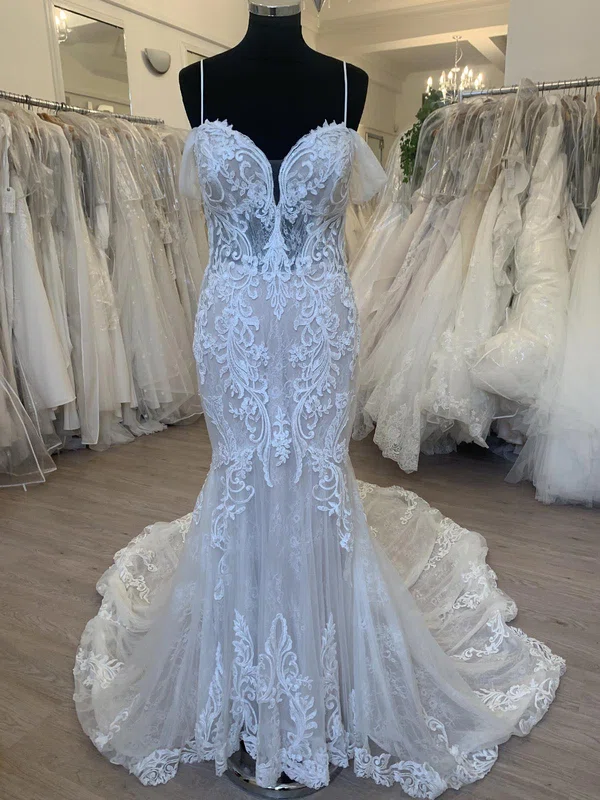 Trumpet/Mermaid Sweetheart Tulle Lace Court Train Wedding Dress With Appliques Lace #Milly00028537